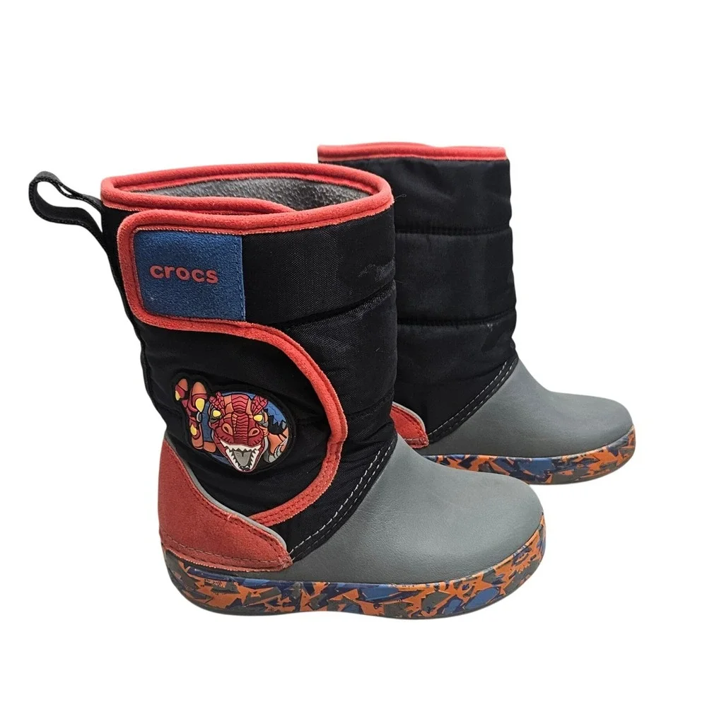 Crocs Winter Boots Toddler C9 Black Gray Red Dragon Snow Rain Warm Insulated